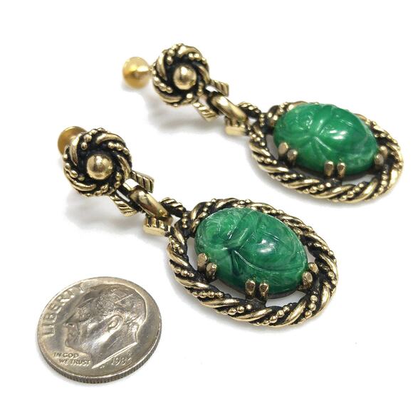Vintage Peking Glass Scarab Beetle Screw-back Earrings, 1950's, 2 Inches - Picture 6 of 10